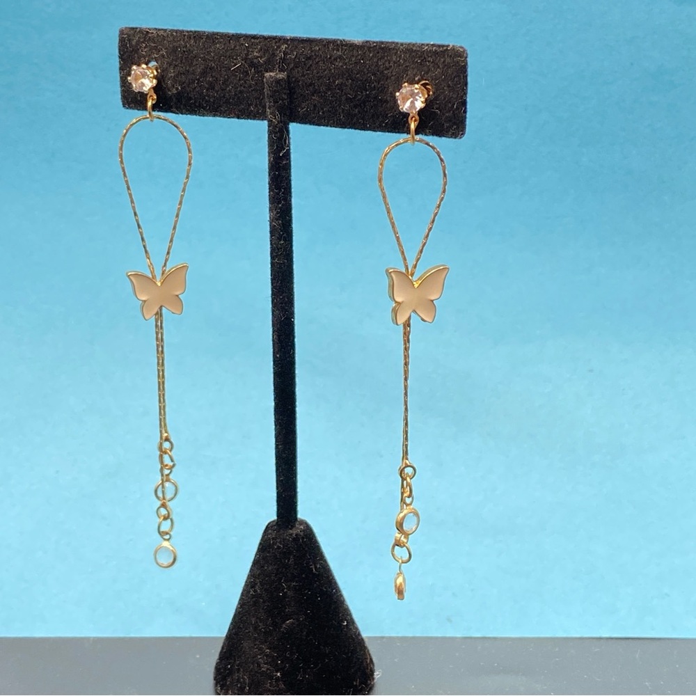 Butterfly Earrings Long Post Gold Tone Cream Clear Rhinestone Dangle 3.25"